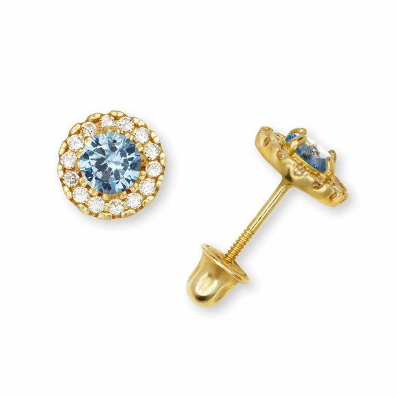 Solid 14K Yellow Gold Halo Birthstone Stud Screw Back Earrings w/ Sparkly Stones - Picture 3 of 12